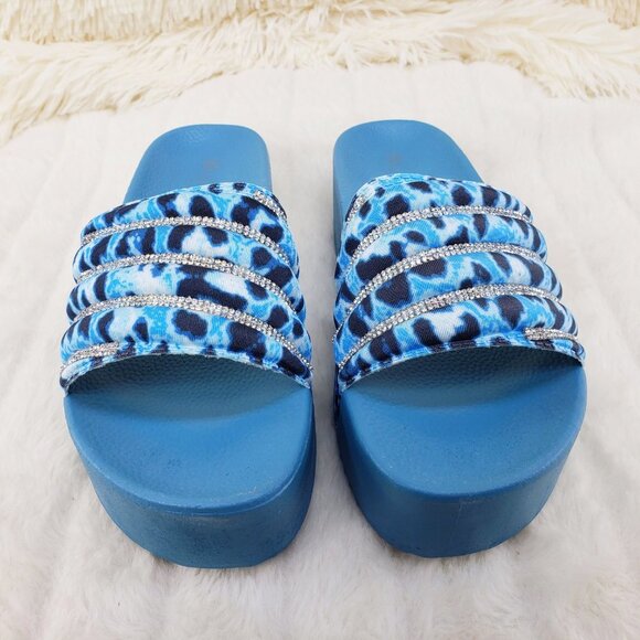 Beach Day Blue Leopard Slip on Platform Sandals Rhinestone Details - Picture 5 of 12